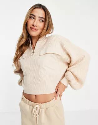 Mango jumper with half zip and front pocket detail in beige | ASOS (Global)
