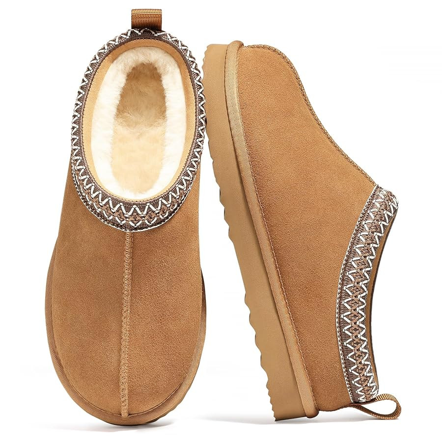 Genuine Suede Fuzzy Slippers for Women Winter Warm House Shoes Cozy Mini Boots for Indoor Outdoor | Amazon (US)