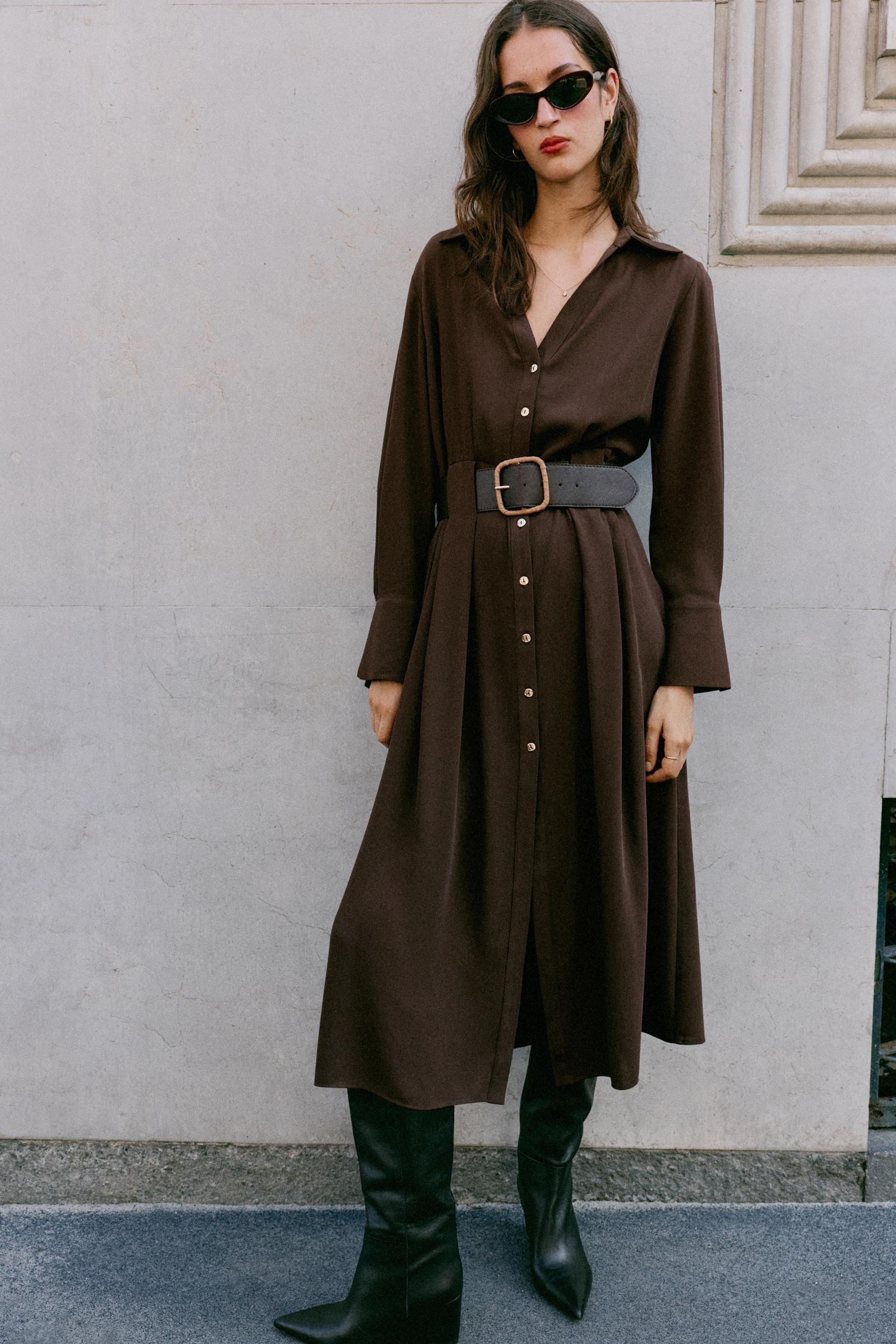 Zara - Belted Midi Shirt Dress - Brown - M - Woman | Zara US