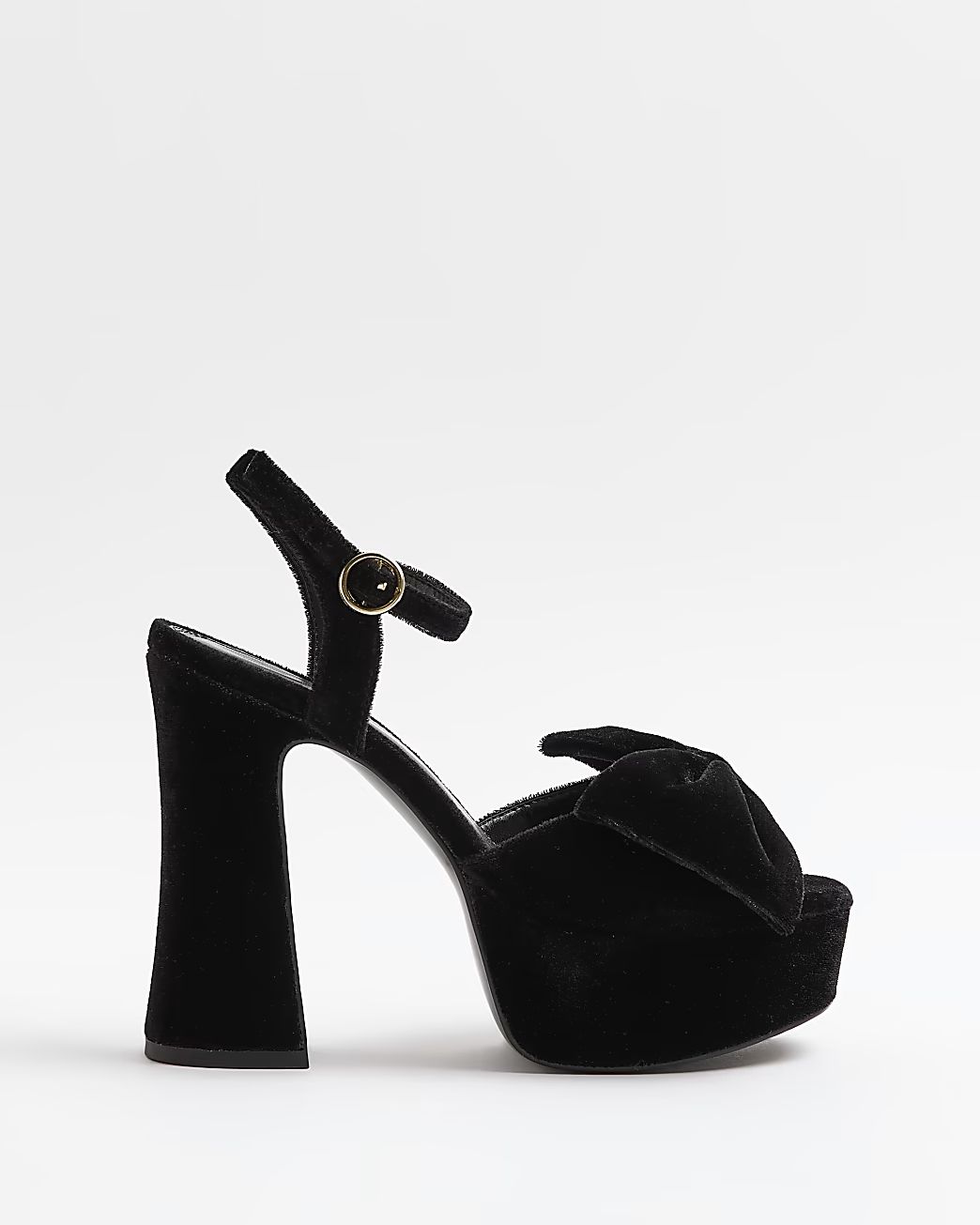 Black velvet bow platform heeled sandals | River Island (US)