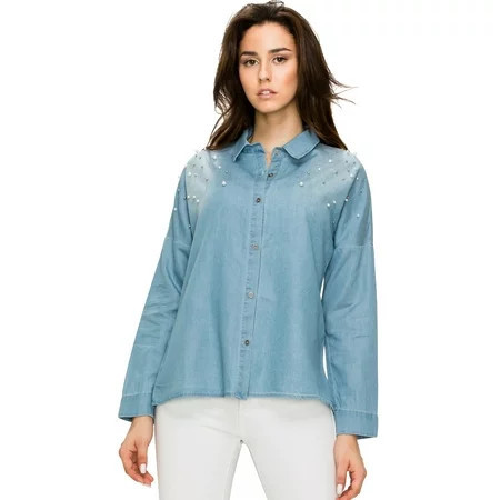 Made by Johnny Women s Long Sleeve Pearl Beading Button Down Denim Blouse M LIGHT_BLUE | Walmart (US)