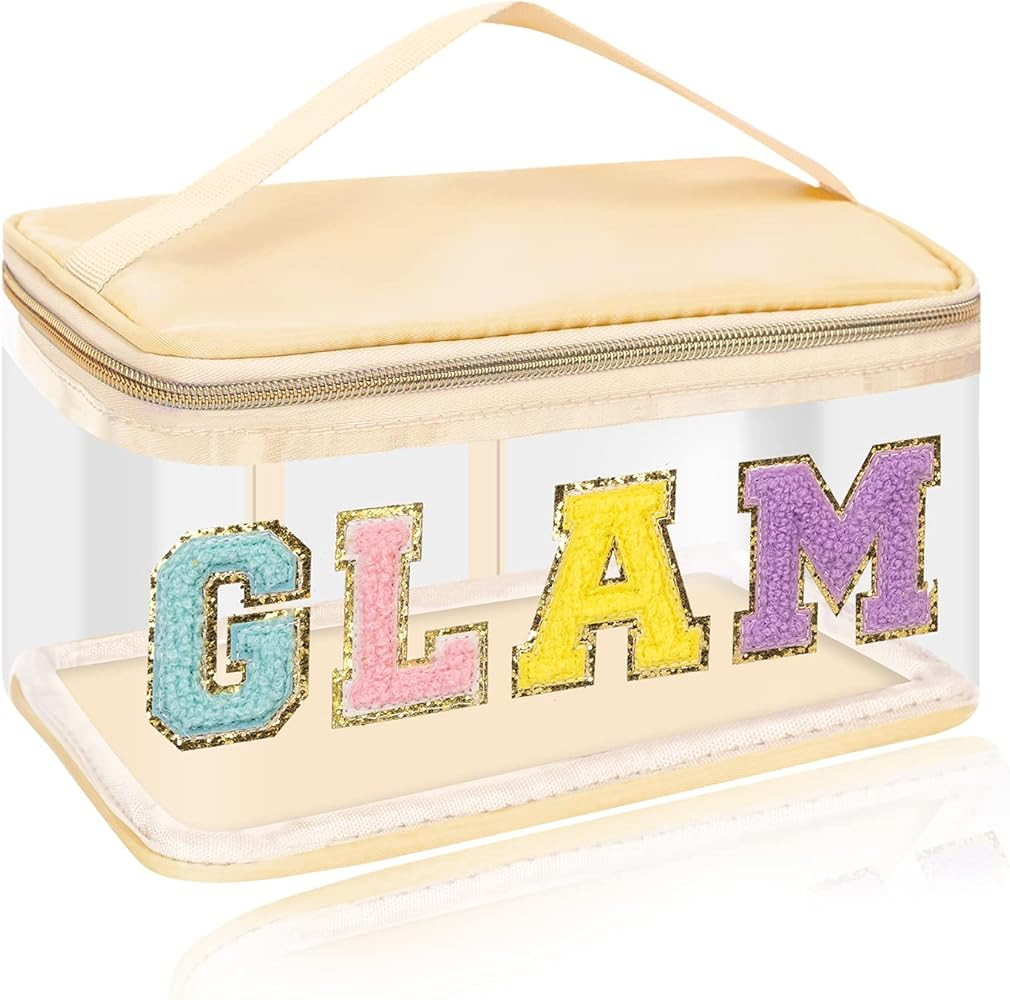 Iqimott Preppy Clear Makeup Cosmetic Bag for Women Travel, Nylon PVC Chenille Glitter Letter Toil... | Amazon (US)