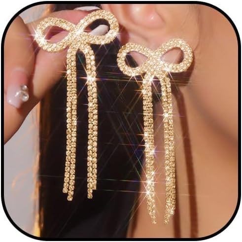 Silver Bow Earrings for Women Dangling Sparkly Rhinestone Long Tassel Chandelier Earrings Wedding... | Amazon (US)