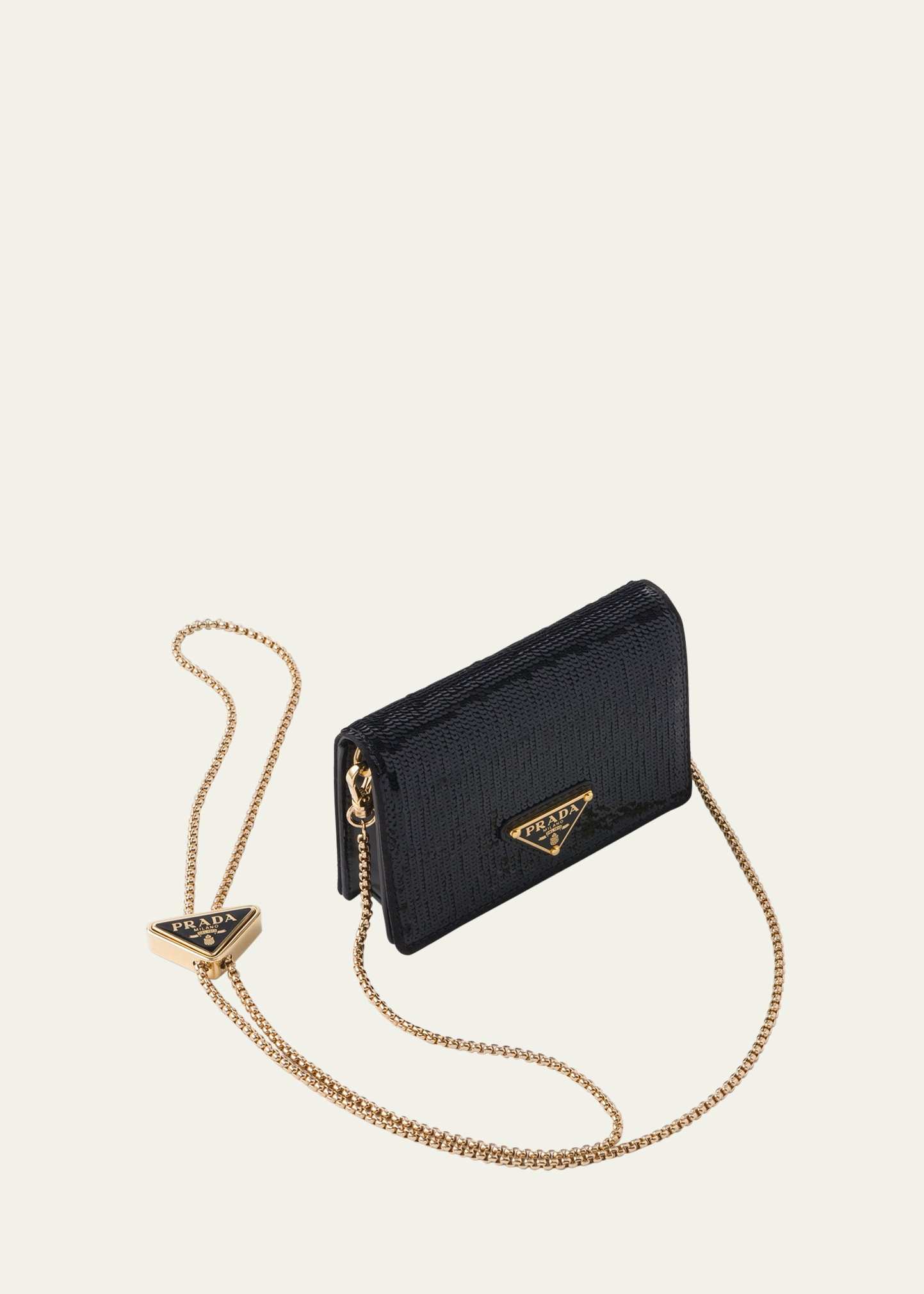 Prada Triangle Logo Sequin Card Holder with Chain Strap | Bergdorf Goodman