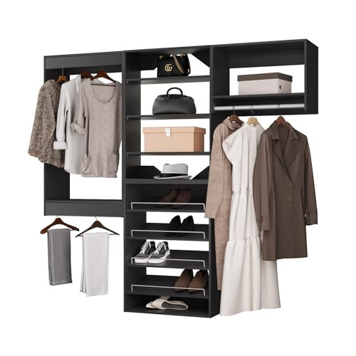 ROOMTEC Modular Closet System, 84" Wall Mounted Modern Closet Organizer with Hanging Rods and Shoe Shelf, Wooden Tower for Walk-In Closets, Wardrobe Storage Kit, Black | Amazon (US)