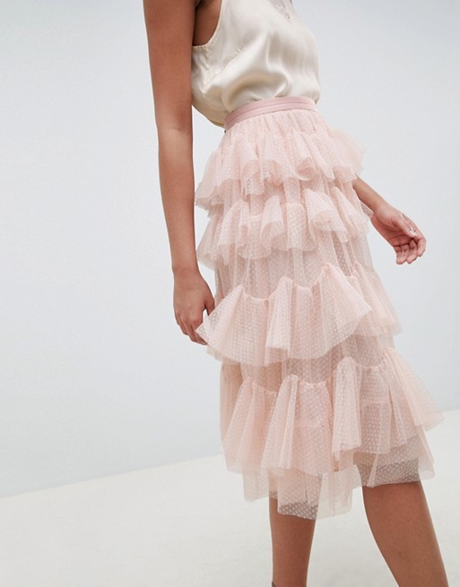 Needle & Thread – Mehrlagiger Midirock aus Tüll in Rosé | ASOS DE