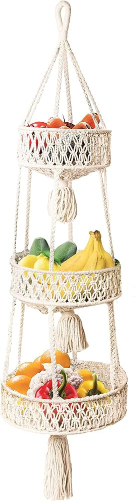 Livalaya Large Macrame 3 Tier Hanging Fruit Basket, Hanging Basket Organizer for Vegetable Rope B... | Amazon (US)