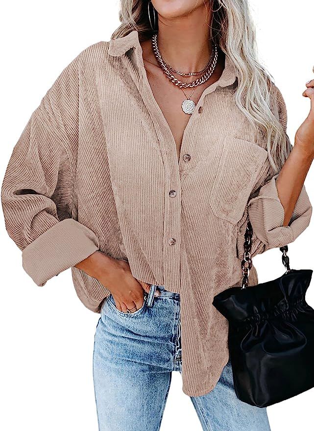 Astylish Women Corduroy Shirts Casual Long Sleeve Button Down Blouses Top | Amazon (US)