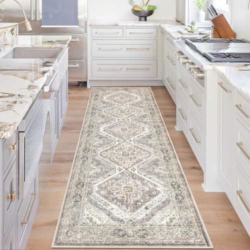 KUTA Oriental Washable Runner Rug, 2.6x8 Runners for Hallways Non-Slip Vintage Ivory Grey Yellow ... | Amazon (US)