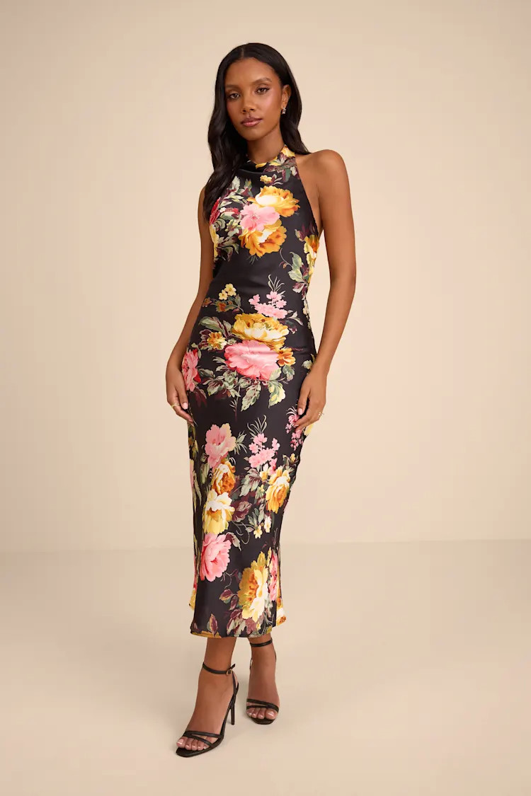 Alandra Black Multi Floral Satin Halter Midi Dress | Lulus