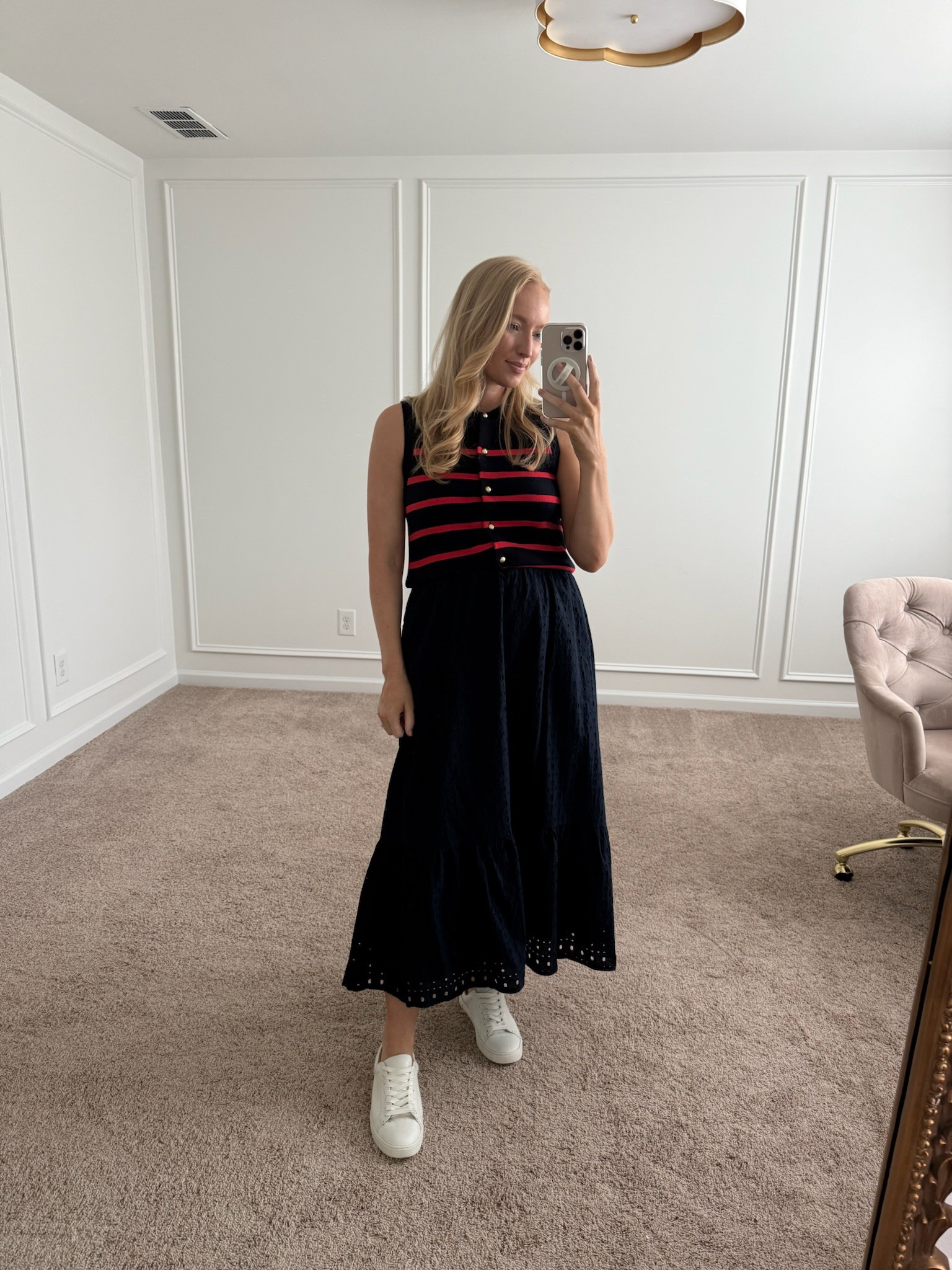 Cute Memorial Day weekend or 4th of July look! Both this skirt and sleeveless sweater are such good quality for the price points. Wearing size small in the top and skirt. If I were not pregnant, I could size down to xs in the skirt. Bump and nursing friendly! Spring outfits // summer outfits // Memorial Day outfits // 4th of
July outfits // work outfits // brunch outfits // Walmart outfits // workwear 

#LTKWorkwear #LTKFindsUnder50 #LTKBump