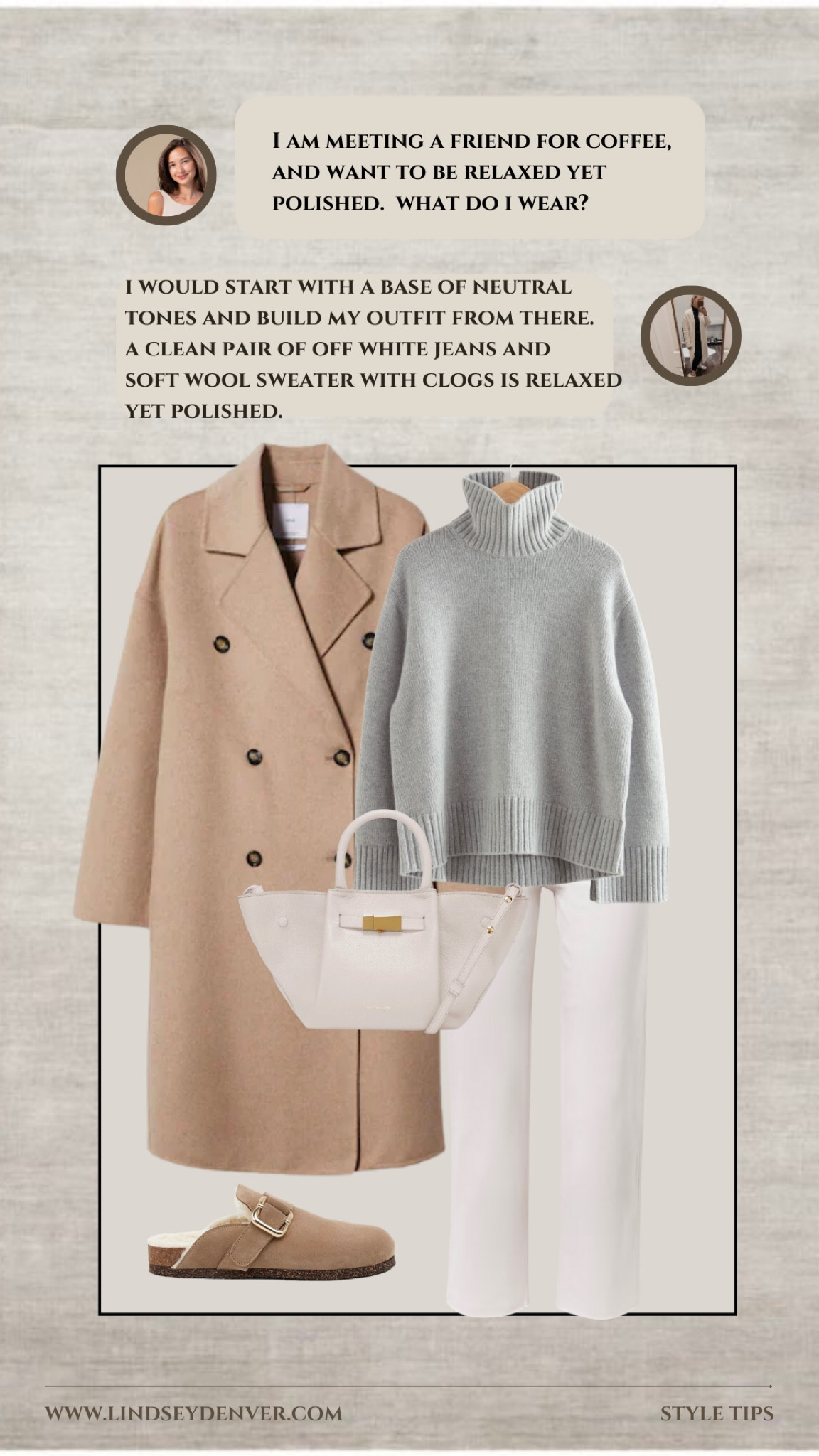 What to wear to a coffee date with an old friend.

Start with neutral base such as beige, white, black or navy
Add texture, such as a suede or corduroy jacket
Accessorize with a scarf or statement jewelry
Incorporate a pop of color with a handbag or shoes
Choose comfortable and casual footwear, such as sneakers or loafers
Experiment with layering, such as a sweater or denim shirt
Finish the look with natural makeup and minimal accessories
Consider adding a hat or sunglasses for a stylish touch
Play with proportions, such as tucking in a blouse or rolling up sleeves
Have fun and be confident!




"Helping You Feel Chic, Comfortable and Confident." -Lindsey Denver 🏔️ 

Minimalist fashion, simple clothing, mid-sized, minimal style, elegant, timeless, sophisticated," comfortable, stylish


#LTKFind #LTKunder100 #LTKstyletip