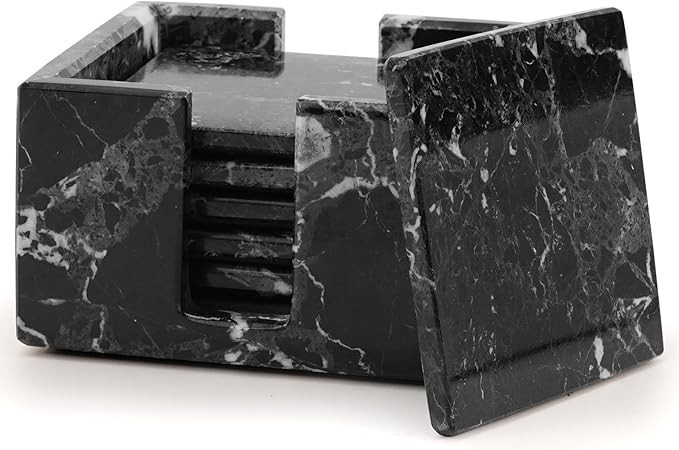 Marble Coasters Set of 6 Black 3.5 Inch Square Coaster for Drinks with Holder, Drink Coaster for ... | Amazon (US)