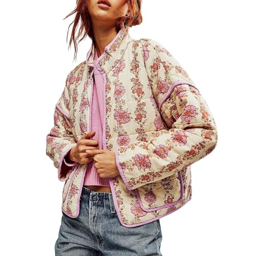 Quilted Jacket for Women Floral Bomber Puffer Coats Lightweight Cardigans with Pockets Oversized Fall Outwear People Free Dupes Teacher Outfits | Amazon (US)