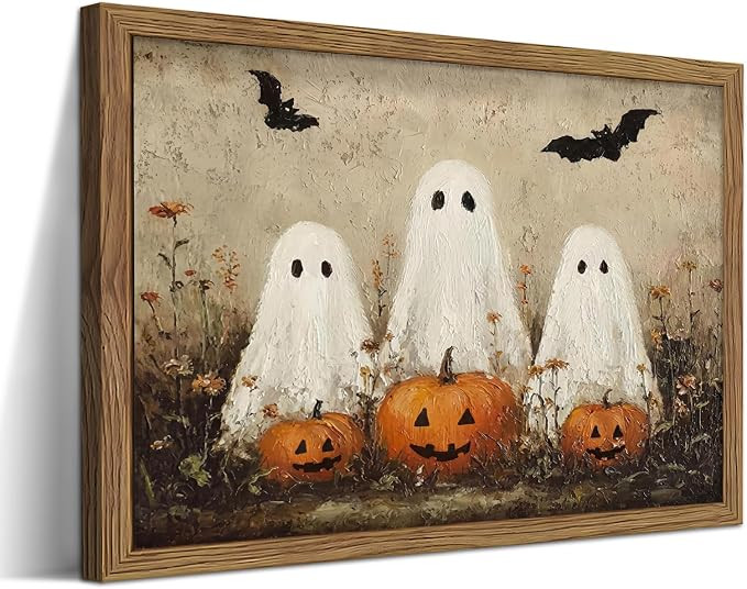 Framed Rustic Halloween Ghost Wall Art - Vintage Farmhouse Ghosts Pumpkins and Bats Canvas Print,... | Amazon (US)