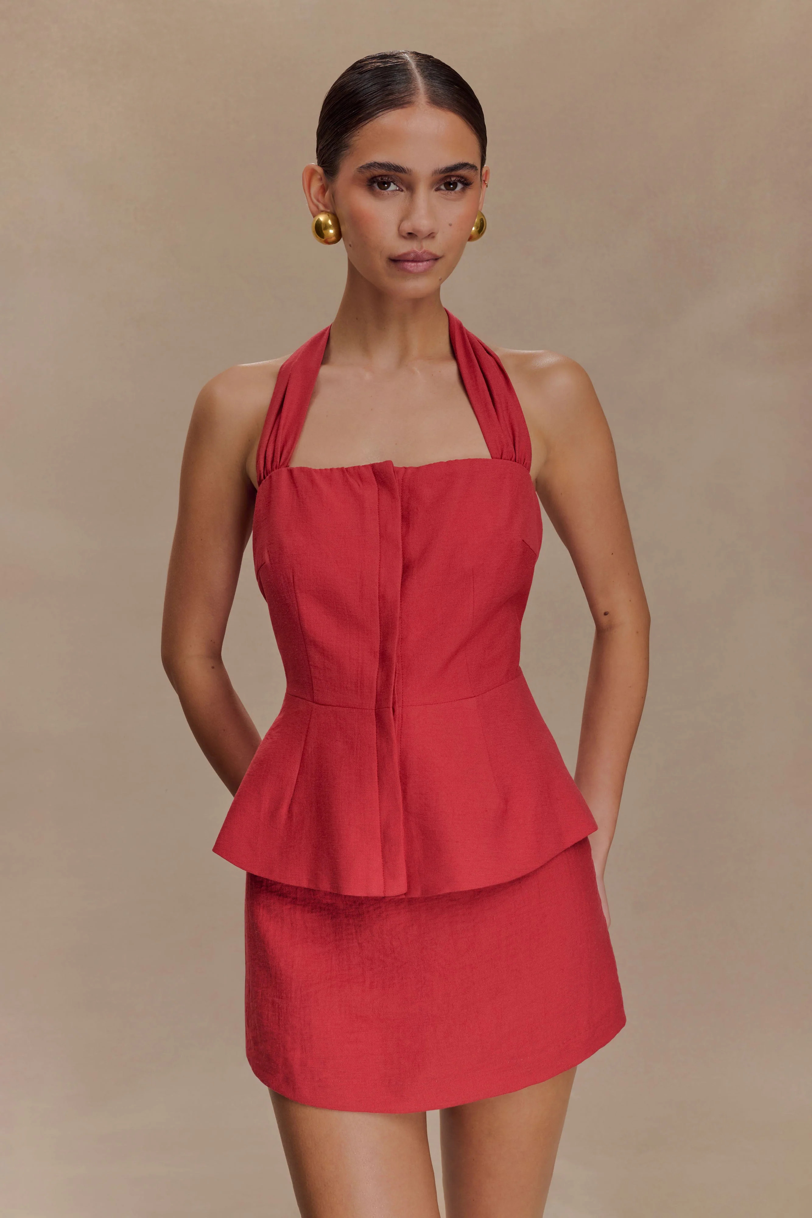 Kallie Linen Peplum Halter Top - Burnt Rose | MESHKI US