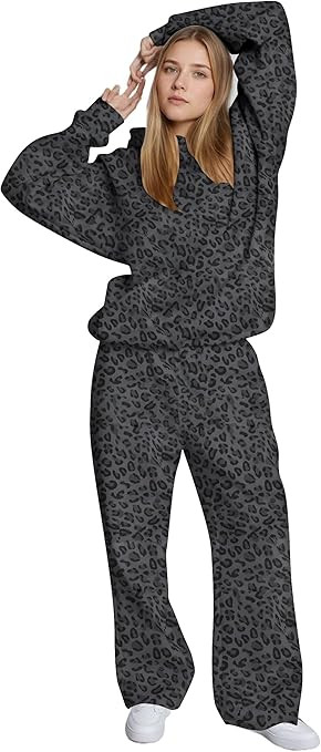Ythomm Womens Leopard 2 Piece Sets Oversized Hoodies Straight Leg Sweatpants Sweatsuits Hooded Sw... | Amazon (US)