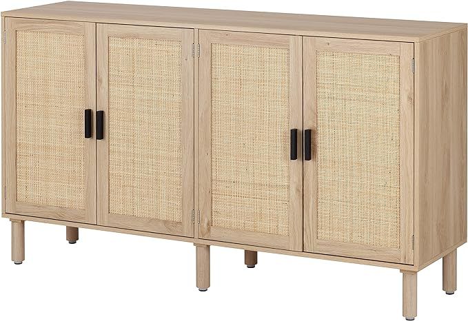 Finnhomy 4 Door Sideboard Buffet Cabinet, Kitchen Storage Cabinet with Rattan Decorated Doors, Li... | Amazon (US)