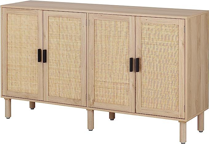 Finnhomy 4 Door Sideboard Buffet Cabinet, Kitchen Storage Cabinet with Rattan Decorated Doors, Li... | Amazon (US)