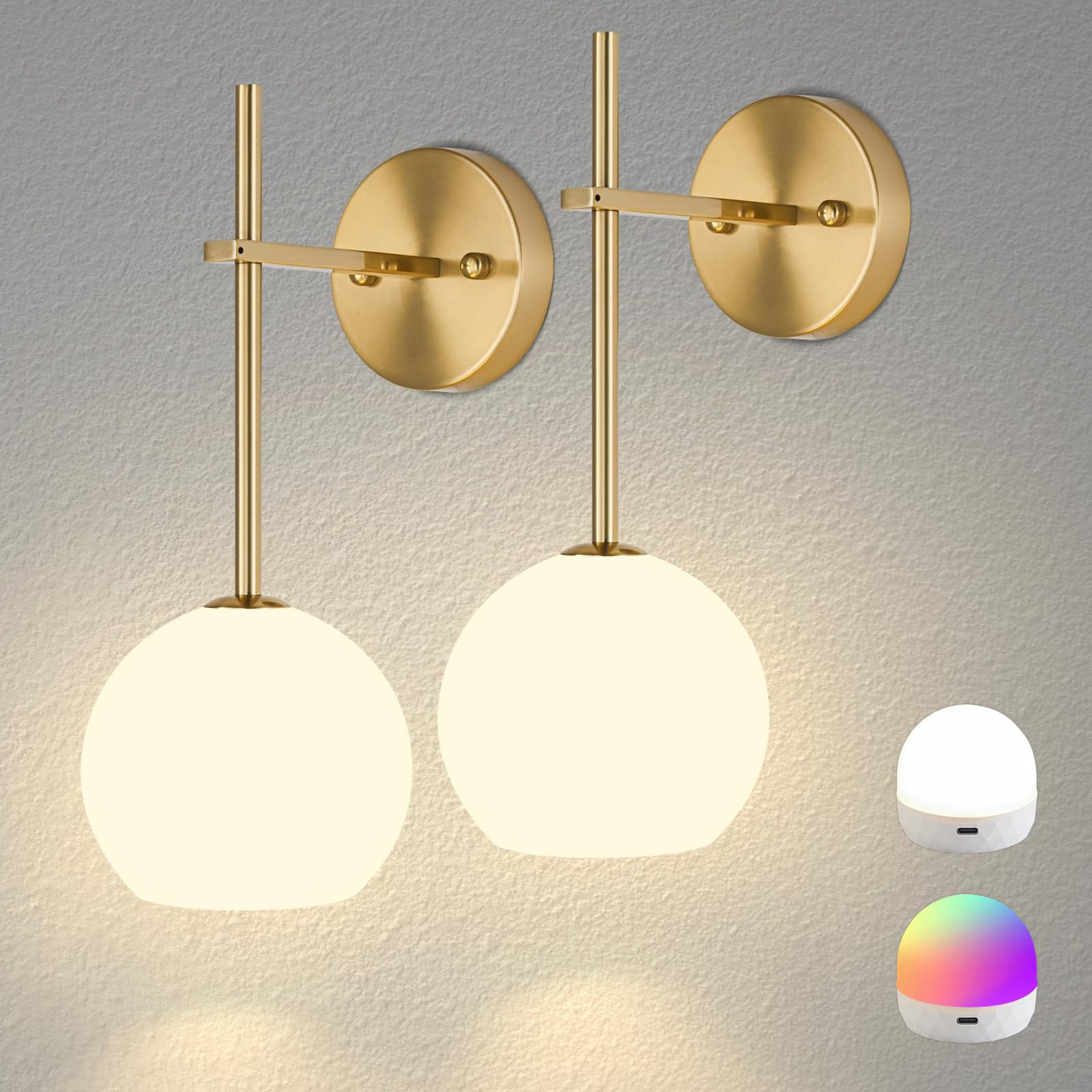 Gold Battery Operated Wall Sconces Set of 2, Rechargeable Wireless Wall Lights with Milky White F... | Amazon (US)