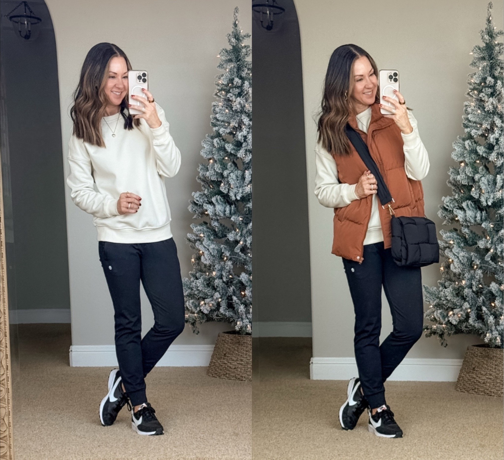 Sherpa Crewneck Sweatshirt XS in off white and dark heather grey, Fleece lined joggers with zipper pockets in XS black, Vest small in camel. For reference: I'm 5'1", 110lbs. Winter outfit, petite over 50 fashion

#LTKFindsUnder50 #LTKPetite #LTKSeasonal