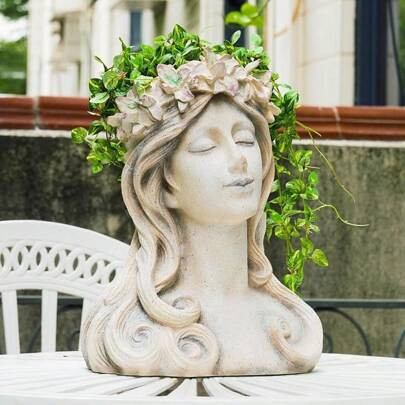 Head Planter Face Flower Pot - Lily Pond Goddess Planter 9 Inch Garden Resin Face Planter With Drainage Hole Plants Pot For Indoor And Outdoor Plant C | SHEIN