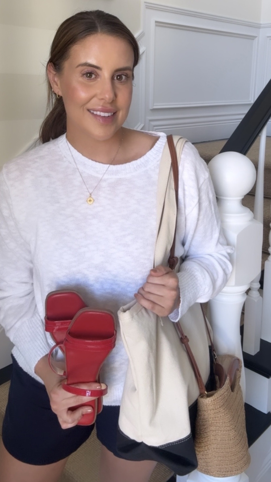 Quick and easy outfit today… lightweight sweater, navy shorts, red sandals, my work tote / diaper bag, and woven purse.

#LTKootd #LTKmomlife #LTKdayinmylife