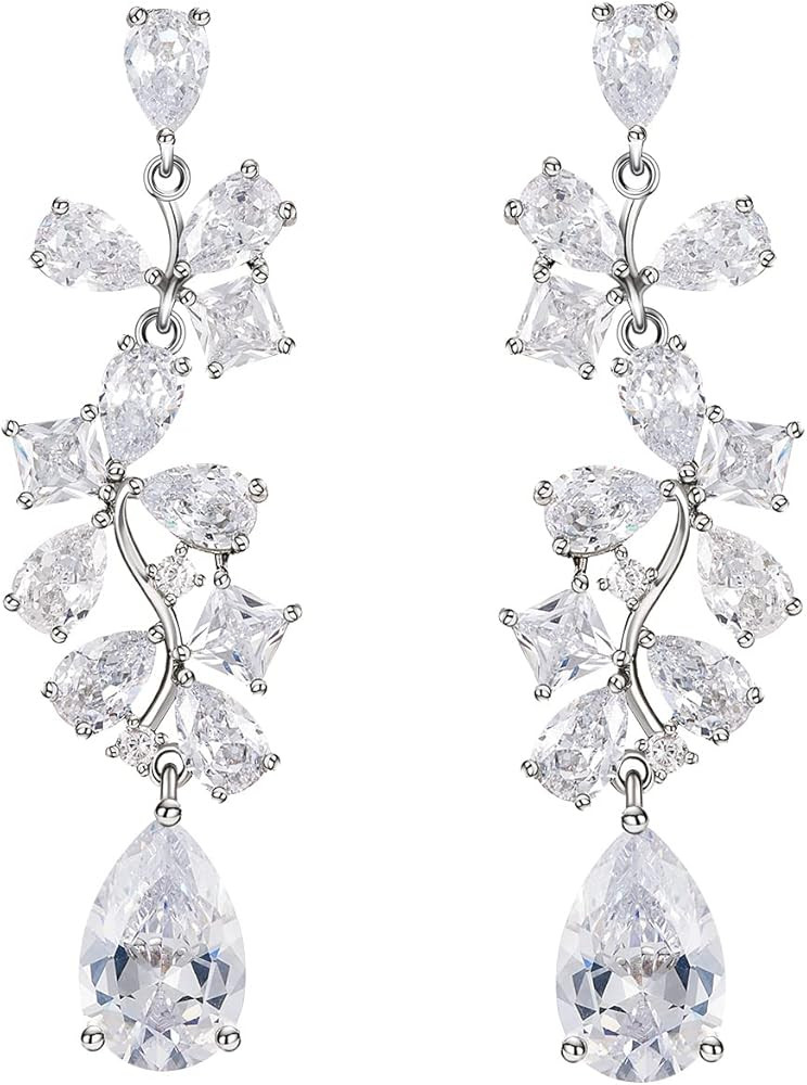 SWEETV Wedding Earrings for Brides Bridesmaid, Crystal Bridal Earrings, Cubic Zirconia Drop Dangl... | Amazon (US)