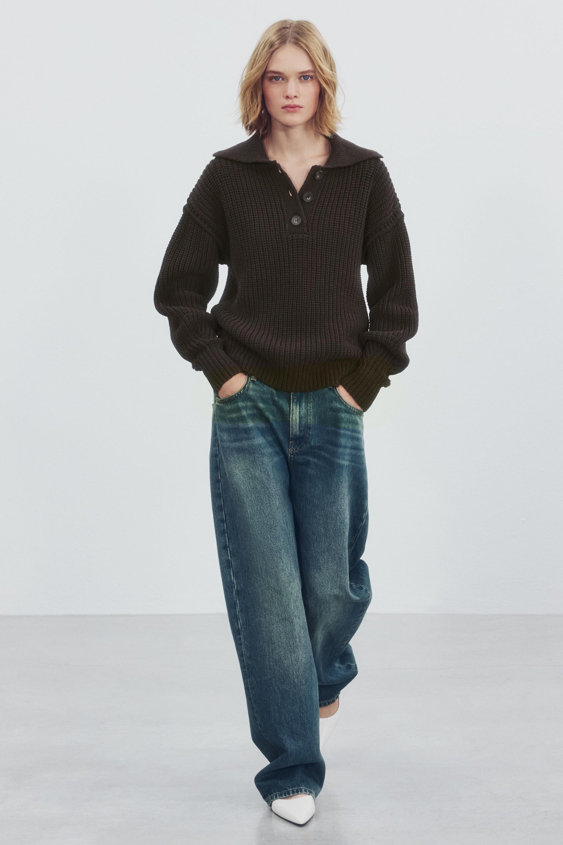 Zara - Knit Polo Jumper - Brown - S - Woman | Zara US
