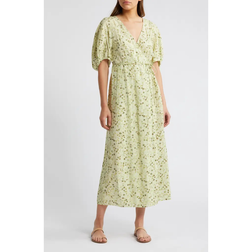 Madewell Floral Puff Sleeve Wrap Front Dress in Honeydew at Nordstrom Rack, Size 0 | Nordstrom Rack