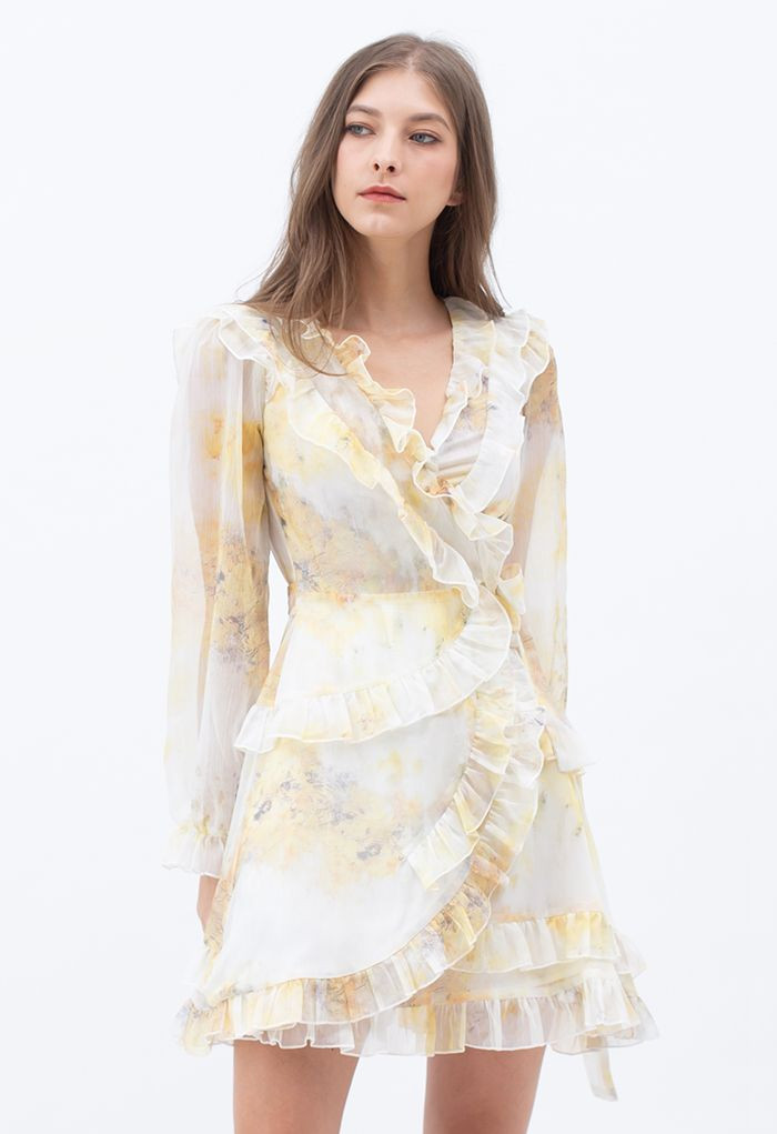 Watercolor Printed Ruffle Wrapped Mini Dress | Chicwish