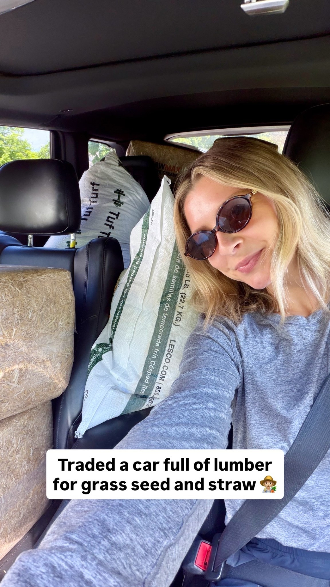 Traded a car full of lumber for grass seed and straw 👩🏼‍🌾