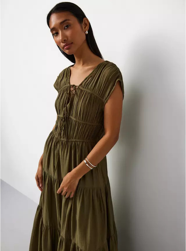 Buy Khaki Crinkle Texture Tiered Tie Front Midaxi Dress 22 | Midaxi | Tu | Tu Clothing