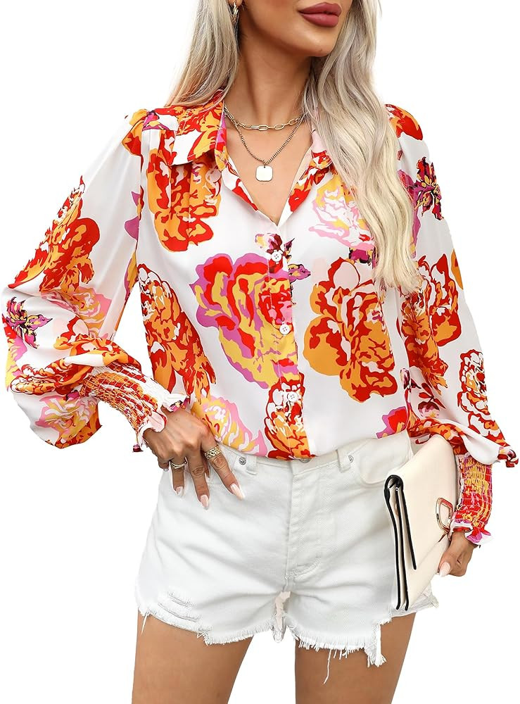 2024 Women's Printed Button Down Shirts Blouse Dressy Casual Lantern Long Sleeve Loose Tops | Amazon (US)