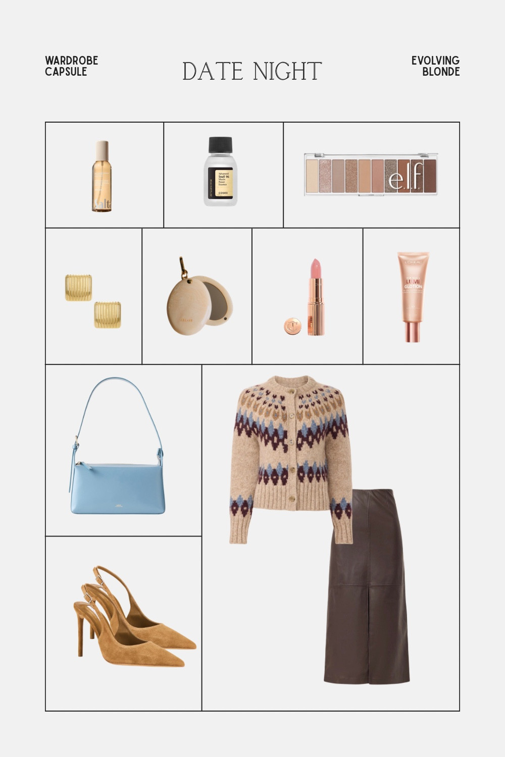 Date night capsule outfit idea 🤎
A feminine date night look featuring a cozy patterned cardigan, brown midi skirt, slingback heels, and neutral accessories. Perfect for dinner dates, cocktails, or an elevated evening outfit.

Shop the outfit, accessories, and beauty favorites linked here.

#LTKootd