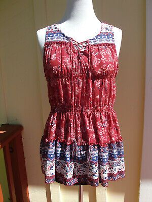 Knox Rose Boho Top Size S Rustic Red Bue Floral Lace Up Tassel Ties Semi Sheer | eBay US