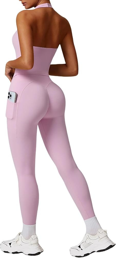 RXRXCOCO Open Back Workout Sets for Women 2 Piece Halter Tank Tops Hidden Scrunch Leggings Matchi... | Amazon (US)