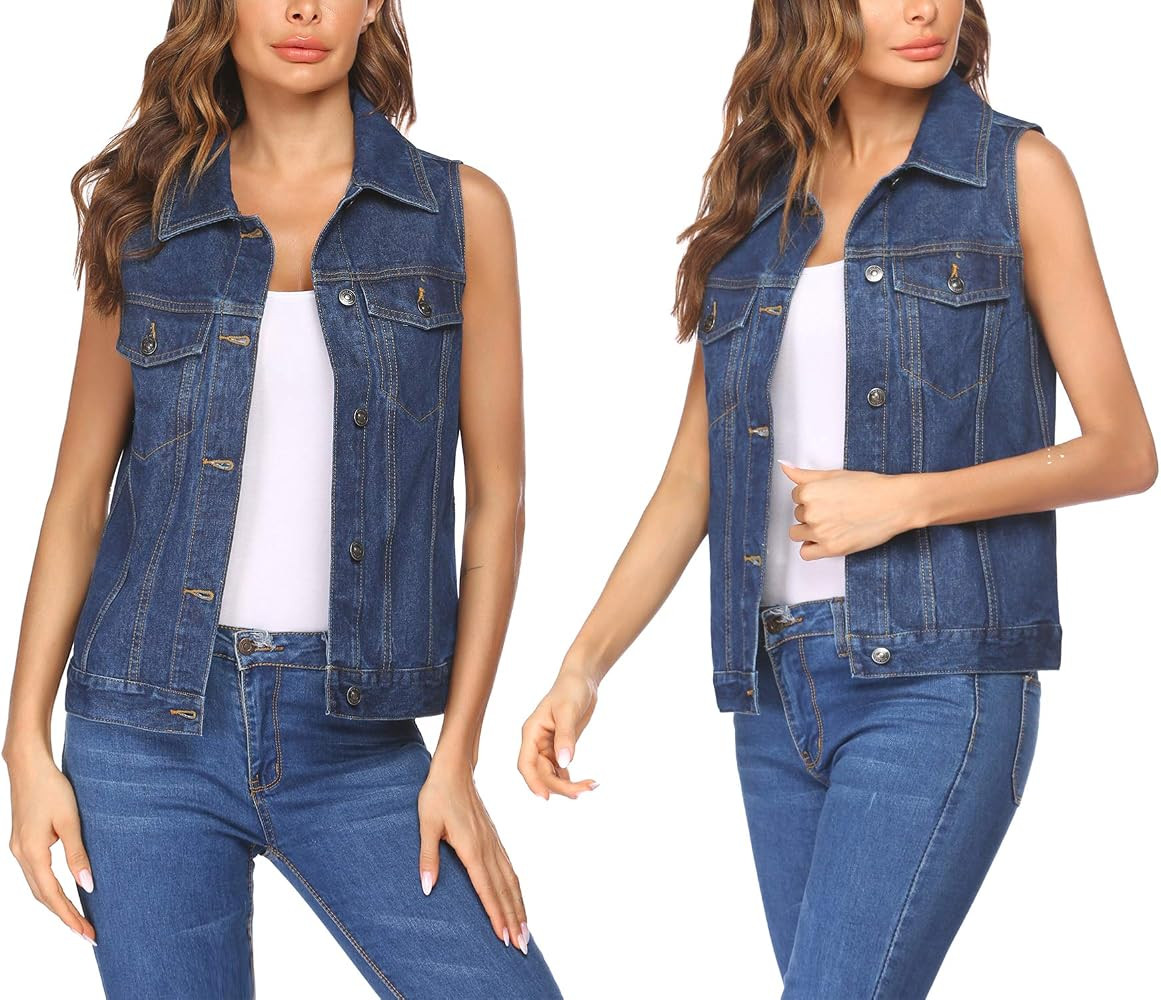 Women's Denim Vest Casual Classic Jean Jackets W Chest Flap Pockets | Amazon (US)