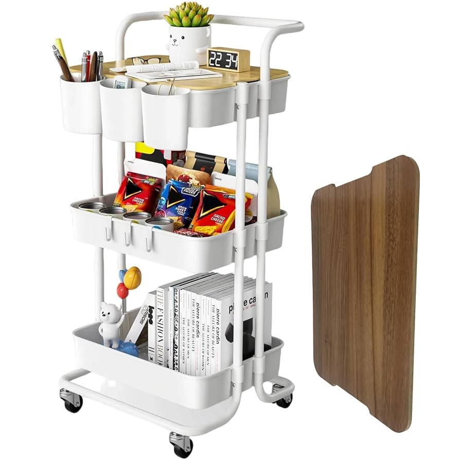 3 Tier Rolling Cart with Metal Handle, Table Top, Hanging Cups, Hooks, Plastic Storage Baskets& W... | Amazon (US)