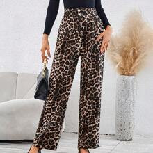 Womens Loose Fit ButtonUp Straight Leg Leopard Print Casual Pants | SHEIN