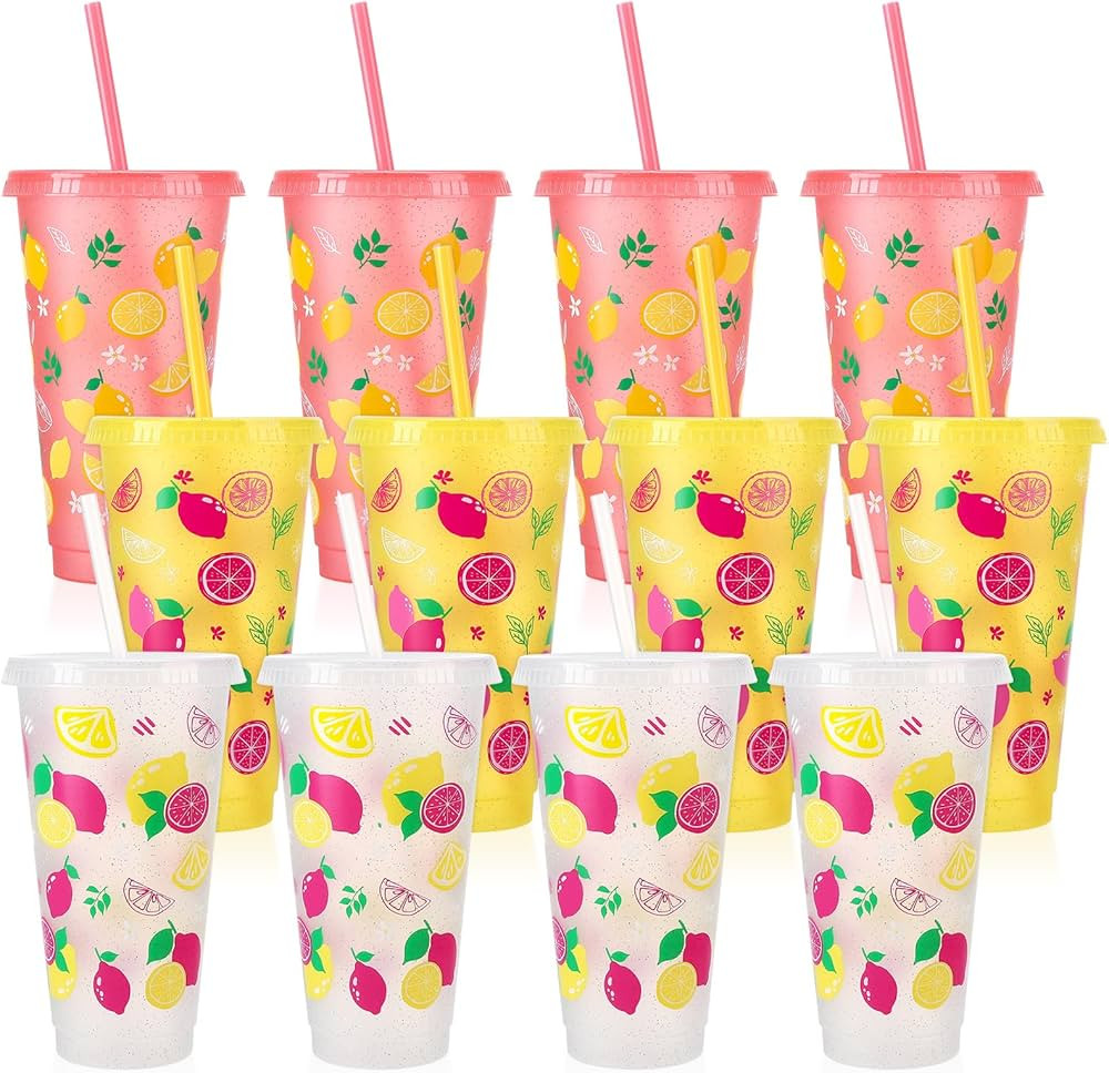 12 Pcs Lemon Cups with Lids and Straws, 24 OZ Reusable Lemonade Cups Drinking Cups Bulk for Summe... | Amazon (US)