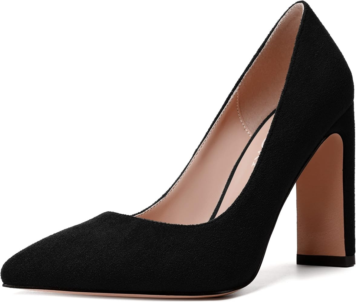 MERRORI Womens Suede Evening Pointed Toe Solid Slip On Dress Chunky High Heel Pumps Shoes 4 Inch | Amazon (US)