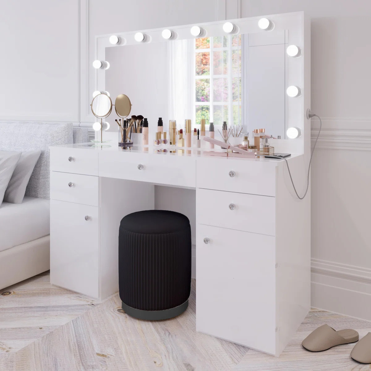 Boahaus LLC Boahaus Nora Extra-Large Lighted Makeup Vanity Desk, Big Mirror with Light Bulbs Buil... | Wayfair North America