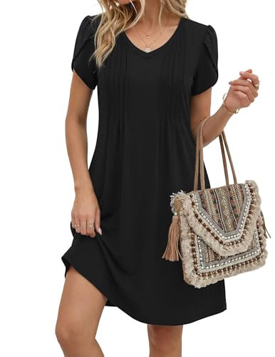 Zeagoo Black Dresses for Women Summer Dresses 2026 Short Sleeve Tshirt Dress with Pockets Casual A Line Dress V Neck, A-Black | Amazon (US)