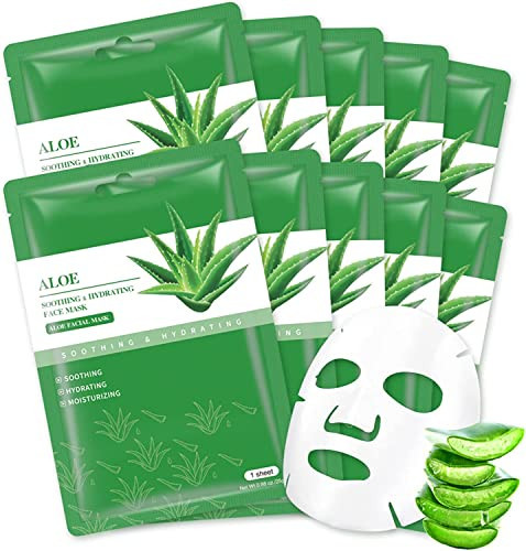 Aloe Vera Soothing Mask Hydrating Face Masks Skincare Moisturizing Facial Sheet Mask Skin care for Dry, Oily, Sensitive Skin Face Mask for Acne, Sun Care, Calming, 25ml/0.88oz, Pack of 10 | Amazon (US)