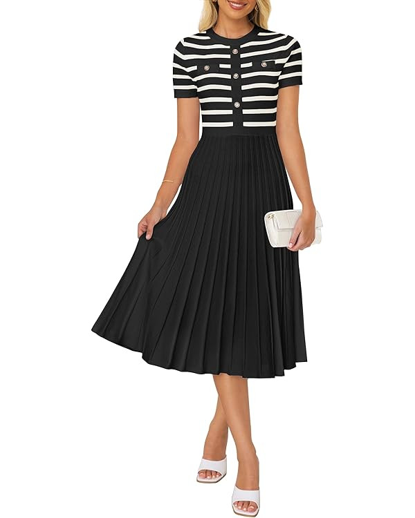 ZESICA Women's Casual Striped Midi Dress Crewneck Short Sleeve Button Ribbed Knit Swing Pleated A... | Amazon (US)
