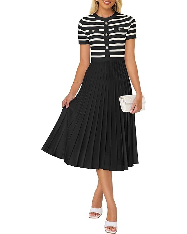 ZESICA Women's Casual Striped Midi Dress Crewneck Short Sleeve Button Ribbed Knit Swing Pleated A... | Amazon (US)