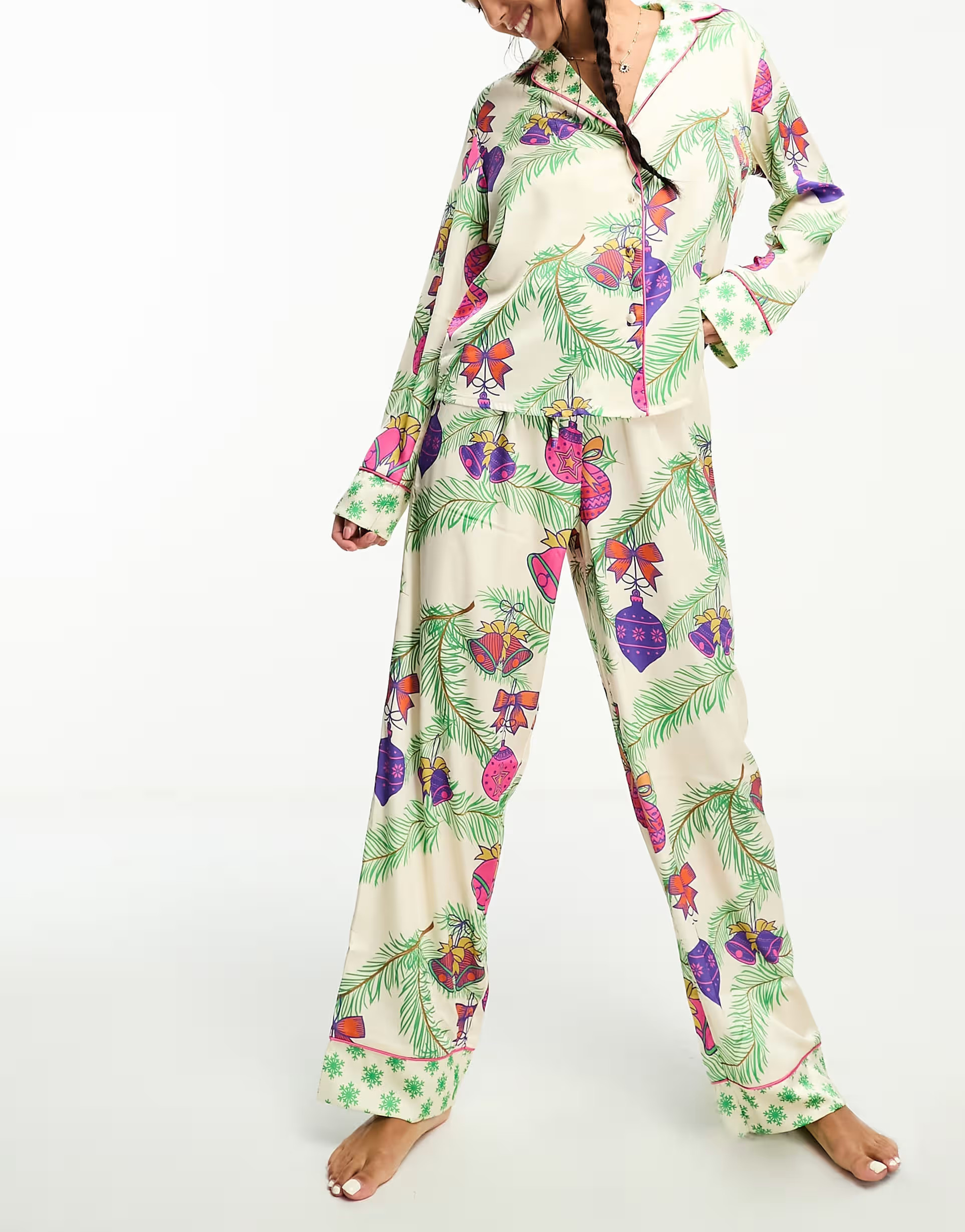 ASOS DESIGN Christmas satin botanical bauble shirt & pants pajama set in cream | ASOS (Global)