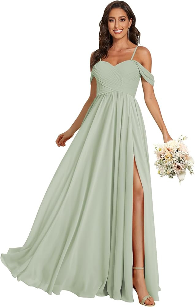 Women's Off The Shoulder Bridesmaid Dresses with Slit 2024 Long Sweetheart Chiffon Formal Party D... | Amazon (US)