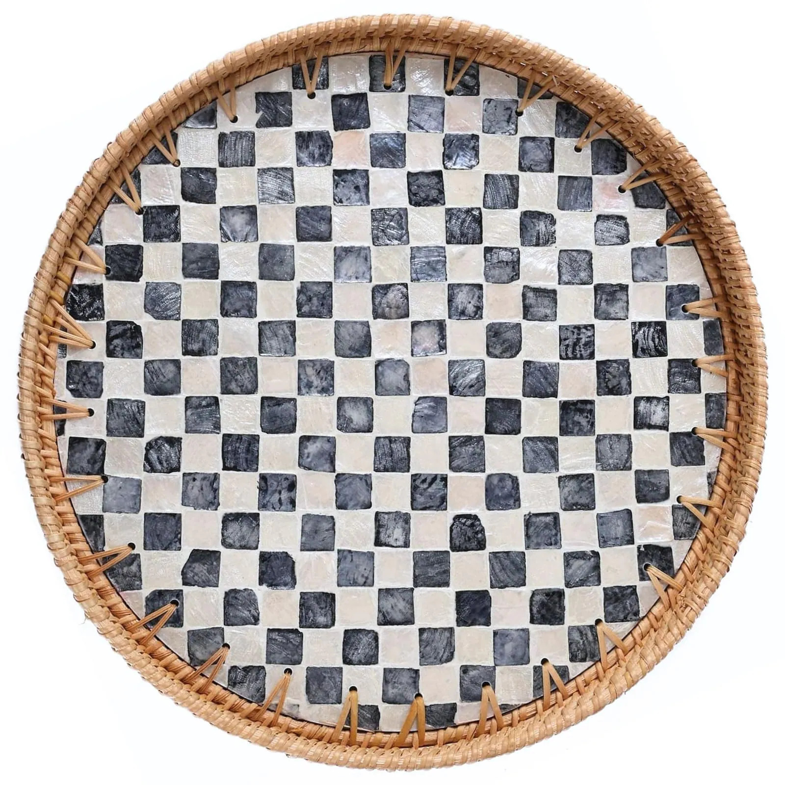 Aoibox 14 in Round Natural Rattan Checkered Mother of Pearl Handcrafted Decorative Serving Tray for Coffee and Dining Tables in White | LABVS9PF | Lowe's